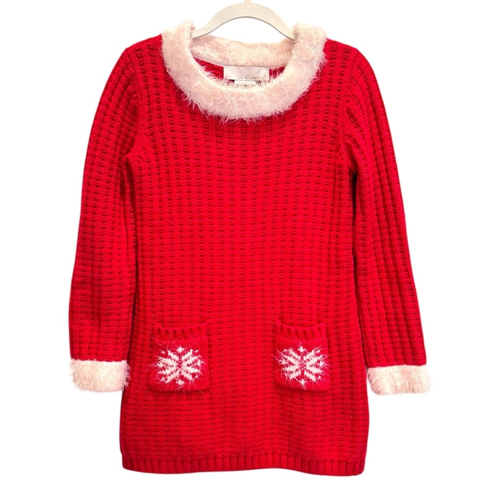 Camilla Girls Size L (6X) Red/White Long Sleeve Cable Knit Sweater Dress Pockets